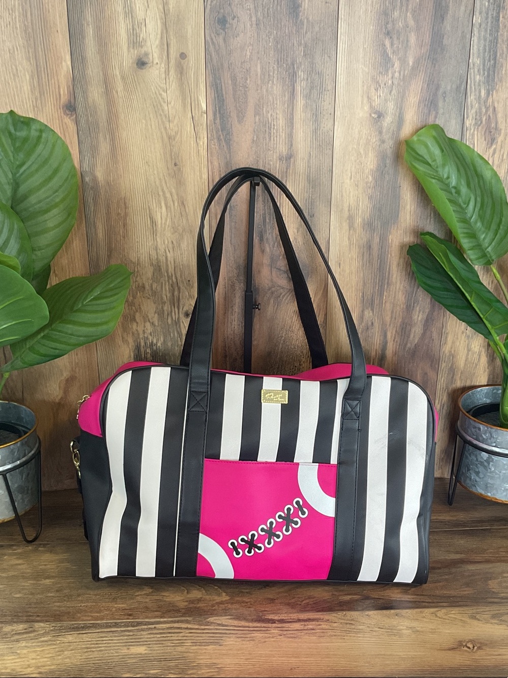 LuBetsey Johnson Football Graphic Striped Crossbody Tote Pink Accent Duffle